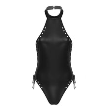 Load image into Gallery viewer, Womens Erotic Sexy Bodysuit Backless Lingerie Leotard Bodysuit Patent Leather Clubwear Halter Neck Lace-up Hollow Out Jumpsuit