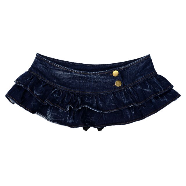 Womens Exotic Denim Skirts Double Layered Ruffled Mini Jeans Skirt Low Waist Button Pleated Skirts Wetlook Pole Dance Clubwear