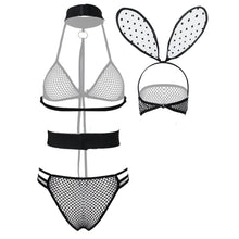 Load image into Gallery viewer, Womens Exotic Lingerie Set Sexy Maid Costumes Halter See-through Fishnet Bodysuit Hollow Out Leotard with Rabbit Ears Eye Mask