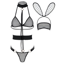 Load image into Gallery viewer, Womens Exotic Lingerie Set Sexy Maid Costumes Halter See-through Fishnet Bodysuit Hollow Out Leotard with Rabbit Ears Eye Mask