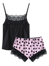 Load image into Gallery viewer, Womens Fashion Printed Lace Patchwork Pajamas Set Sleepwear Adjustable Spaghetti Strap Camisole with Elastic Waistband Shorts