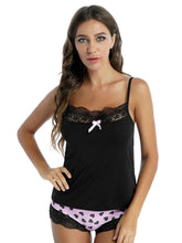 Load image into Gallery viewer, Womens Fashion Printed Lace Patchwork Pajamas Set Sleepwear Adjustable Spaghetti Strap Camisole with Elastic Waistband Shorts