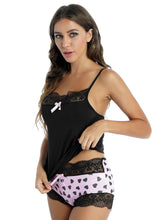 Load image into Gallery viewer, Womens Fashion Printed Lace Patchwork Pajamas Set Sleepwear Adjustable Spaghetti Strap Camisole with Elastic Waistband Shorts