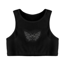 Load image into Gallery viewer, Womens Fashion Ribbed Crop Tops Waistcoat Stylish Sparkly Rhinestone Butterfly Cropped Vest Tank Top Pole Dance Rave Clubwear