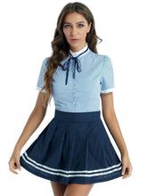 Load image into Gallery viewer, Womens Fashion Schoolgirl Uniform Cosplay Costume Outfits Short Sleeve Bowknot Tops Button Down Striped Shirt with Pleated Skirt