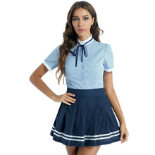 Load image into Gallery viewer, Womens Fashion Schoolgirl Uniform Cosplay Costume Outfits Short Sleeve Bowknot Tops Button Down Striped Shirt with Pleated Skirt