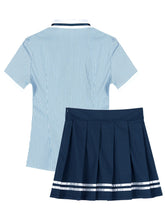 Load image into Gallery viewer, Womens Fashion Schoolgirl Uniform Cosplay Costume Outfits Short Sleeve Bowknot Tops Button Down Striped Shirt with Pleated Skirt