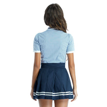 Load image into Gallery viewer, Womens Fashion Schoolgirl Uniform Cosplay Costume Outfits Short Sleeve Bowknot Tops Button Down Striped Shirt with Pleated Skirt
