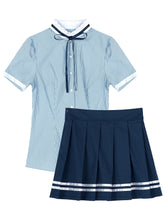 Load image into Gallery viewer, Womens Fashion Schoolgirl Uniform Cosplay Costume Outfits Short Sleeve Bowknot Tops Button Down Striped Shirt with Pleated Skirt