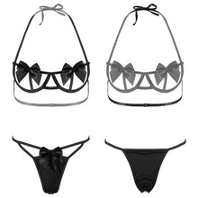 Load image into Gallery viewer, Womens Hollow Out 2Pcs Lingerie Set Underwear Halter Lace-up Bowknot Underwire Bra Tops with Bow Elastic Waistband Briefs Thongs