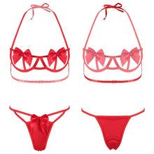 Load image into Gallery viewer, Womens Hollow Out 2Pcs Lingerie Set Underwear Halter Lace-up Bowknot Underwire Bra Tops with Bow Elastic Waistband Briefs Thongs