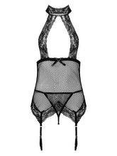 Load image into Gallery viewer, Womens Lace Lingerie Set Halter Lace Up Open Back See-through Net Jumpsuit with G-String Briefs and Suspender Garter Belts Suit