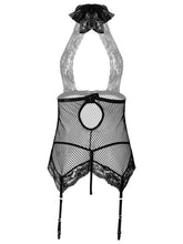 Load image into Gallery viewer, Womens Lace Lingerie Set Halter Lace Up Open Back See-through Net Jumpsuit with G-String Briefs and Suspender Garter Belts Suit