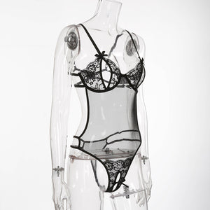 Womens Lace See-through Bodysuit Lingerie Underwear Stretchy High Cut Thong Leotard One-piece Open Crotch Bodysuits Nightwear