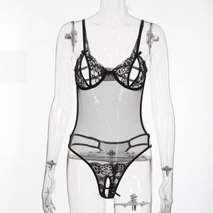 Womens Lace See-through Bodysuit Lingerie Underwear Stretchy High Cut Thong Leotard One-piece Open Crotch Bodysuits Nightwear