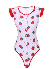 Load image into Gallery viewer, Womens Ladies Lingerie Bodysuit Romper Sleepwear Nightwear Erotic Sexy Bodysuit Strawberry Pattern Round Neck Button Closure