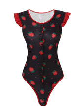 Load image into Gallery viewer, Womens Ladies Lingerie Bodysuit Romper Sleepwear Nightwear Erotic Sexy Bodysuit Strawberry Pattern Round Neck Button Closure