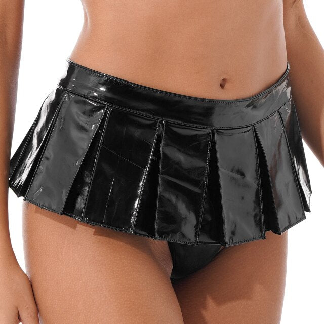 Womens Ladies Miniskirts Wetlook Leather Front Zipper Pleated Mini Skirt Cocktail Party Sexy Pole Dance Nightclub Clubwear