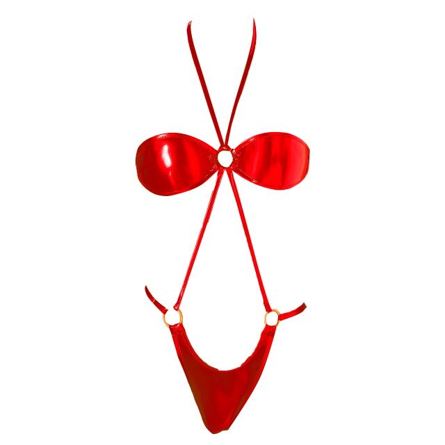 Womens Latex Patent Leather Bodysuit Nightwear Lace-up Halter O-ring Romper Jumpsuit Glossy Backless Leotard One-piece Catsuit