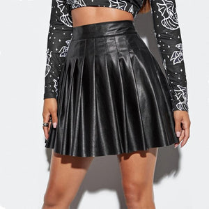 Womens Leather Mini Skirts High Waist Pleated A-Line Circle Skirt Rave Dance Bottoms Sexy Clubwear Fashion Skirts 2021 New