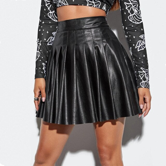 Womens Leather Mini Skirts High Waist Pleated A-Line Circle Skirt Rave Dance Bottoms Sexy Clubwear Fashion Skirts 2021 New