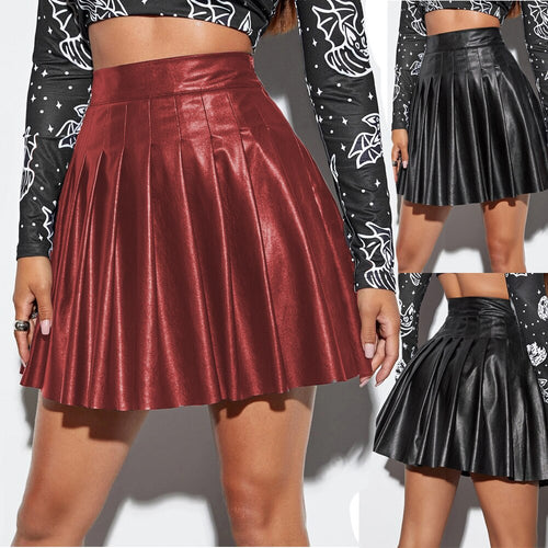 Womens Leather Mini Skirts High Waist Pleated A-Line Circle Skirt Rave Dance Bottoms Sexy Clubwear Fashion Skirts 2021 New