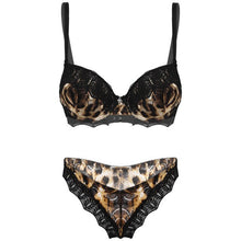Load image into Gallery viewer, Womens Leopard Pattern Lingerie Set Sexy Erotic Costume Under-Wired Padded Bra Hollow Out T-Back G-String Thong Briefs Underwear