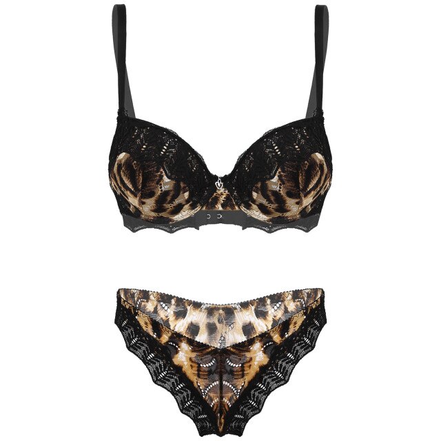 Womens Leopard Pattern Lingerie Set Sexy Erotic Costume Under-Wired Padded Bra Hollow Out T-Back G-String Thong Briefs Underwear