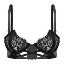 Load image into Gallery viewer, Womens Lingerie Hot Sexy Lace Bra Top Wet Look Patent Leather Hollow Out Bras Adjustable Shoulder Strap Patchwork Underwired Bra