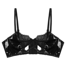 Load image into Gallery viewer, Womens Lingerie Hot Sexy Lace Bra Top Wet Look Patent Leather Hollow Out Bras Adjustable Shoulder Strap Patchwork Underwired Bra
