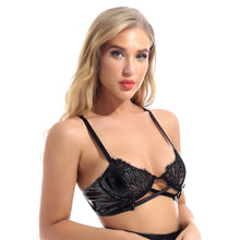 Load image into Gallery viewer, Womens Lingerie Hot Sexy Lace Bra Top Wet Look Patent Leather Hollow Out Bras Adjustable Shoulder Strap Patchwork Underwired Bra