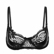 Load image into Gallery viewer, Womens Lingerie See-through Bra Floral Pattern Lace Patent Leather Patchwork Underwire Hot Bra Nightwear Erotic Sexy Underwear