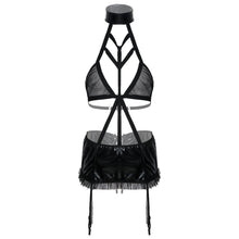Load image into Gallery viewer, Womens Lingerie Set Halter See-through Mesh Hollow Out Backless Bra Top Lace-up Skirt with Garters G-string Patent Leather Suit