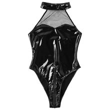 Load image into Gallery viewer, Womens Lingerie Zipper Crotch Bodysuit Sheer Mesh Sexy Costume Patent Leather Halter Patchwork Backless Leotard Clubwear for Sex