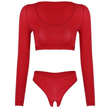 Load image into Gallery viewer, Womens Open Crotch Erotic Lingerie Suit Crop Top with Crotchless Briefs Underwear Scoop Neck Long Sleeve Erotic Sexy Costume
