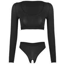 Load image into Gallery viewer, Womens Open Crotch Erotic Lingerie Suit Crop Top with Crotchless Briefs Underwear Scoop Neck Long Sleeve Erotic Sexy Costume