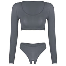 Load image into Gallery viewer, Womens Open Crotch Erotic Lingerie Suit Crop Top with Crotchless Briefs Underwear Scoop Neck Long Sleeve Erotic Sexy Costume