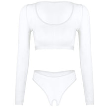 Load image into Gallery viewer, Womens Open Crotch Erotic Lingerie Suit Crop Top with Crotchless Briefs Underwear Scoop Neck Long Sleeve Erotic Sexy Costume