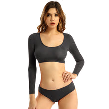 Load image into Gallery viewer, Womens Open Crotch Erotic Lingerie Suit Crop Top with Crotchless Briefs Underwear Scoop Neck Long Sleeve Erotic Sexy Costume