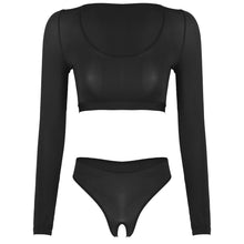 Load image into Gallery viewer, Womens Open Crotch Erotic Lingerie Suit Crop Top with Crotchless Briefs Underwear Scoop Neck Long Sleeve Erotic Sexy Costume