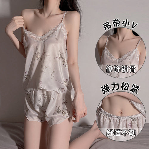 Womens Pajamas Silk Satin Two Piece Summer Thin Sleepwear Sexy Deep V Printing Shorts Two Sets Girls Sweet Soft Home Cothes Suit