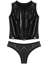 Load image into Gallery viewer, Womens Patent Leather Erotic Lingerie Set Wetlook Pole Dace Rave Bar Clubwear Lace-up Sleeveless Sexy Crop Tops And Briefs