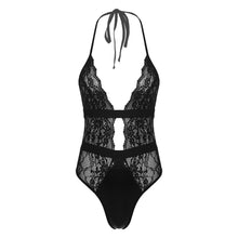 Load image into Gallery viewer, Womens Plunging Neckline Halter Lace-up High Cut Bodysuit Nightwear Patent Leather Patchwork See-through Lace Leotard Catsuit