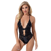 Load image into Gallery viewer, Womens Plunging Neckline Halter Lace-up High Cut Bodysuit Nightwear Patent Leather Patchwork See-through Lace Leotard Catsuit