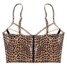 Load image into Gallery viewer, Womens Pole Dacing Outfit Leopard Print Patent Leather Camisole Adjustable Spaghetti Strap Zipper Back Sleeveless Vest Crop Tops