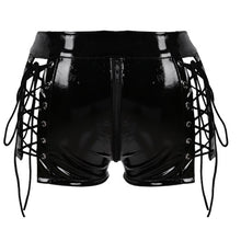 Load image into Gallery viewer, Womens Pole Dance Mini Short Wet Look Patent Leather Hollow Out Lace-up Zipper Crotch Rave Booty Shorts Pants for Night Club