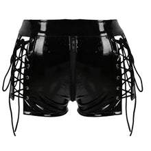 Load image into Gallery viewer, Womens Pole Dance Mini Short Wet Look Patent Leather Hollow Out Lace-up Zipper Crotch Rave Booty Shorts Pants for Night Club