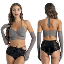 Load image into Gallery viewer, Womens Pole Dancing Costumes Transparent Mesh Camisole Sexy Halter Lace-up Vest Top V Neck Backless Crop Tops With Ruched Gloves