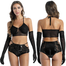 Load image into Gallery viewer, Womens Pole Dancing Costumes Transparent Mesh Camisole Sexy Halter Lace-up Vest Top V Neck Backless Crop Tops With Ruched Gloves