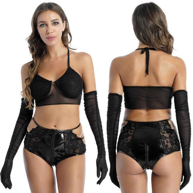Womens Pole Dancing Costumes Transparent Mesh Camisole Sexy Halter Lace-up Vest Top V Neck Backless Crop Tops With Ruched Gloves